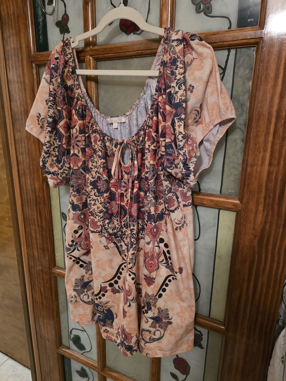 GG Collection Peach and Navy Floral Peasant Tunic